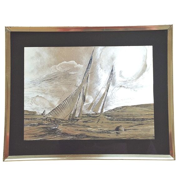Vintage Dufex‎ Foil Art Prints Sailing Ships Framed Gold Black Pair 10 X 8 each - Picture 12 of 14